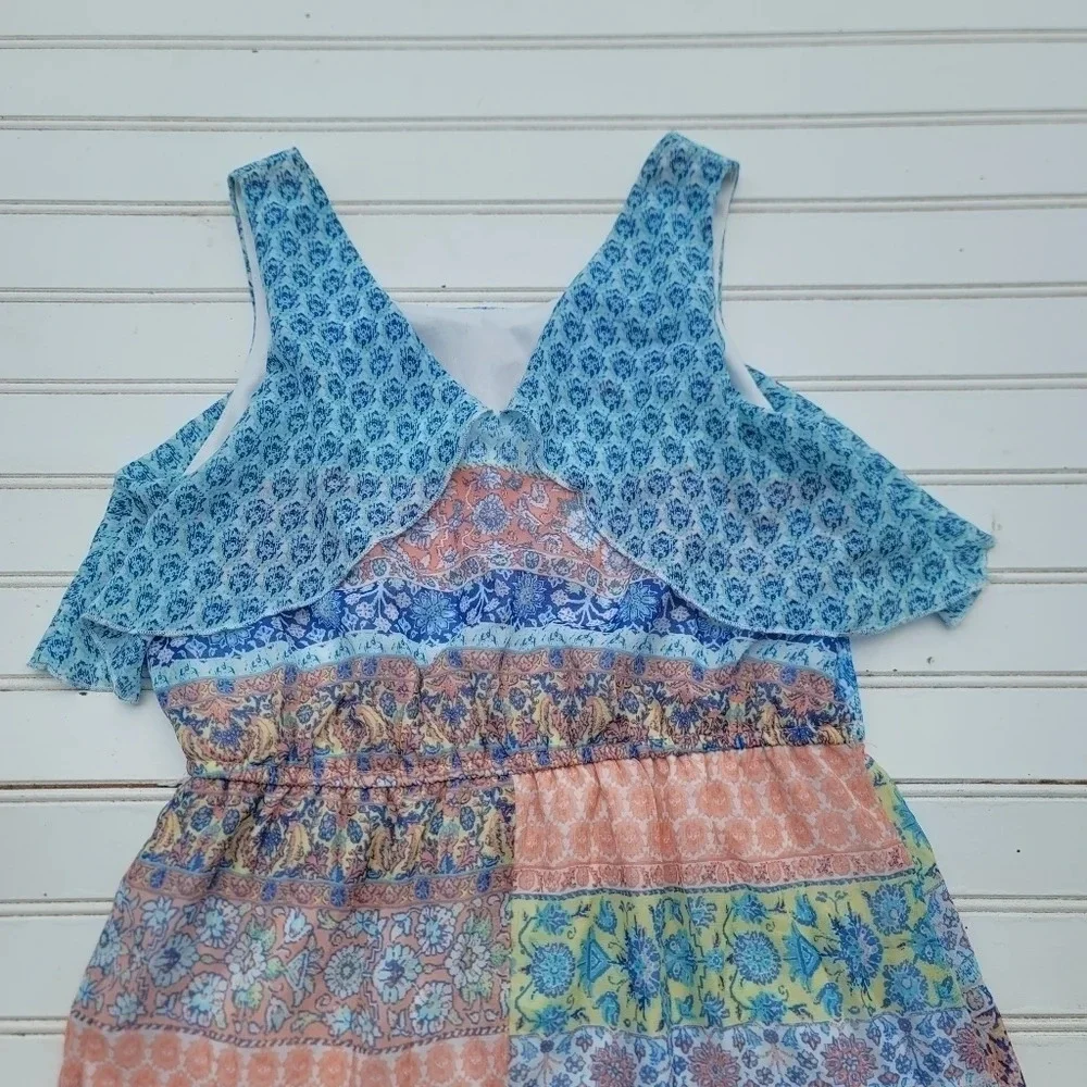 Zunie Girl Paisley Floral Maxi Ruffled Sleeve Long Dress Aqua Blue Peach Pink 12